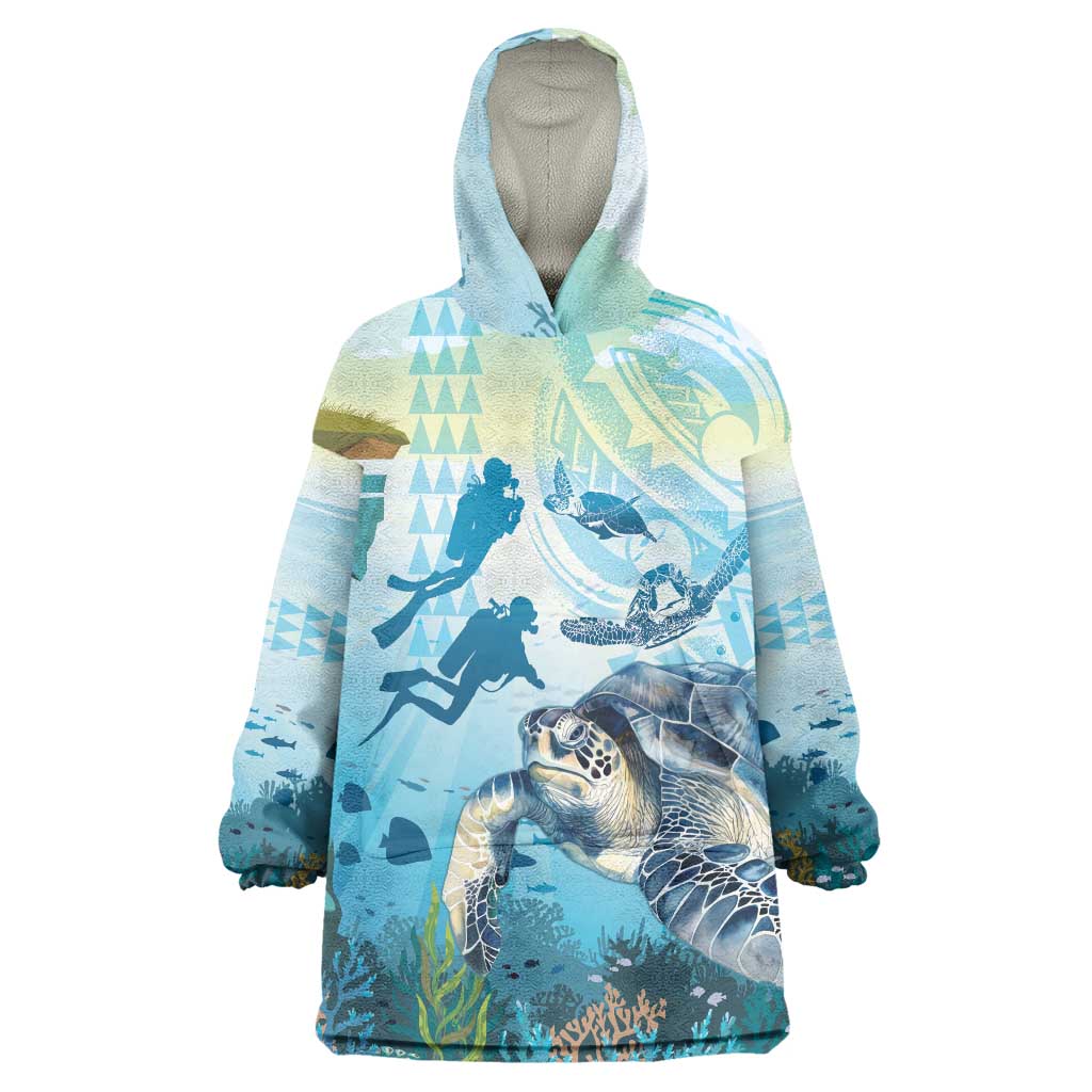 Personalized Snorkeling Hawaii Wearable Blanket Hoodie Ocean Lover Hawaiian Kakau Honu Turtle LT14 One Size Cyan - Polynesian Pride