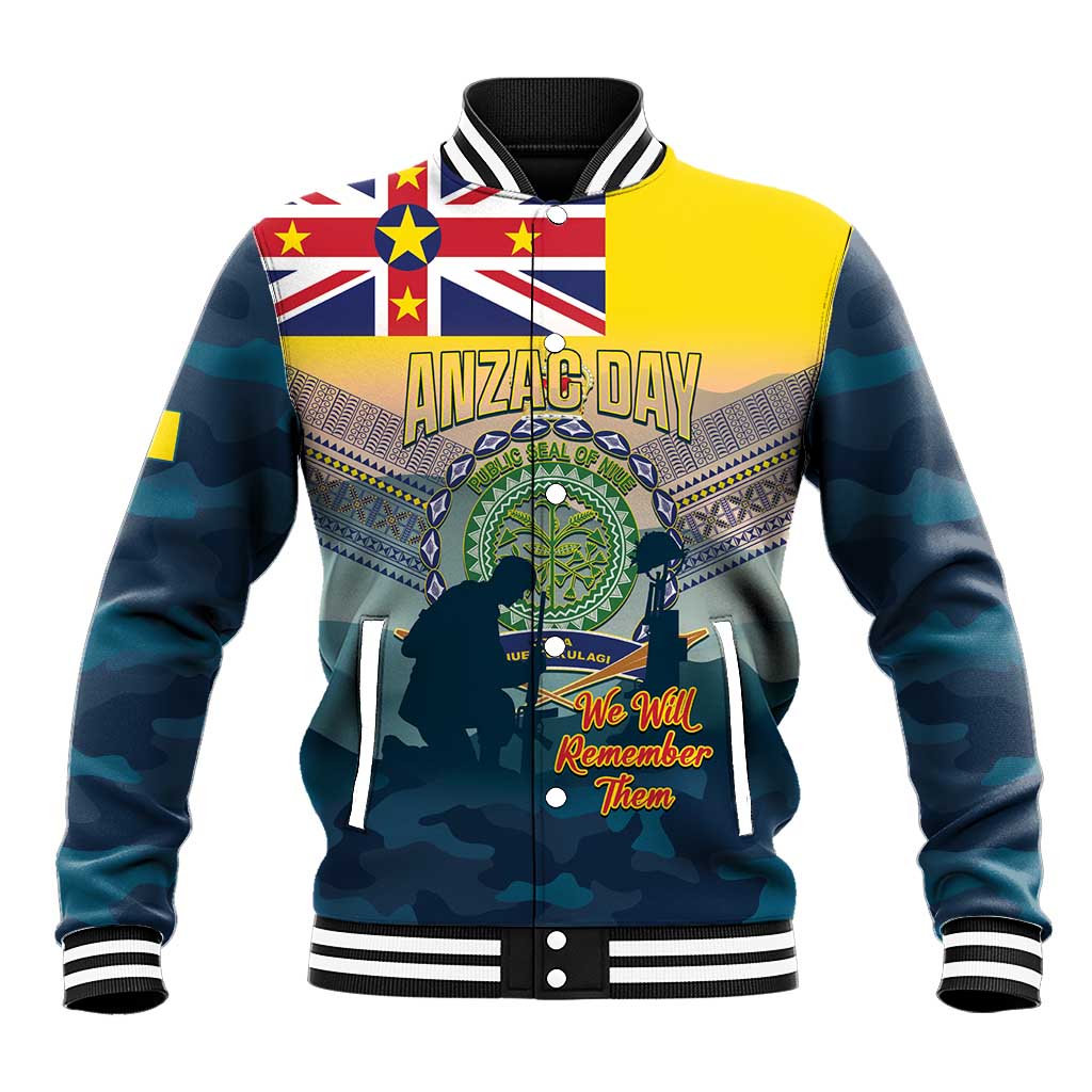 Niue ANZAC Day Baseball Jacket We Will Remember Them Camouflage Style LT14 Unisex Yellow - Polynesian Pride