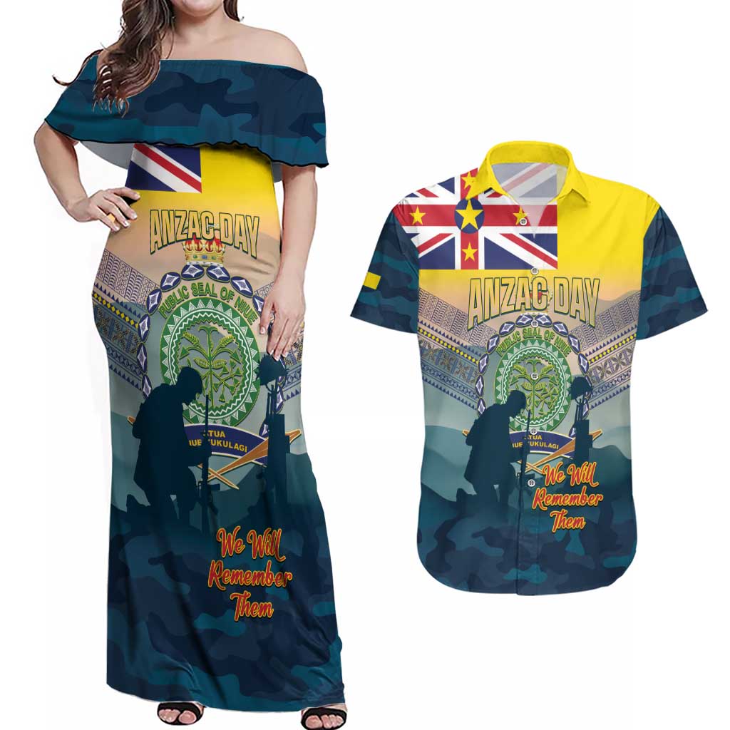 Niue ANZAC Day Couples Matching Off Shoulder Maxi Dress and Hawaiian Shirt We Will Remember Them Camouflage Style