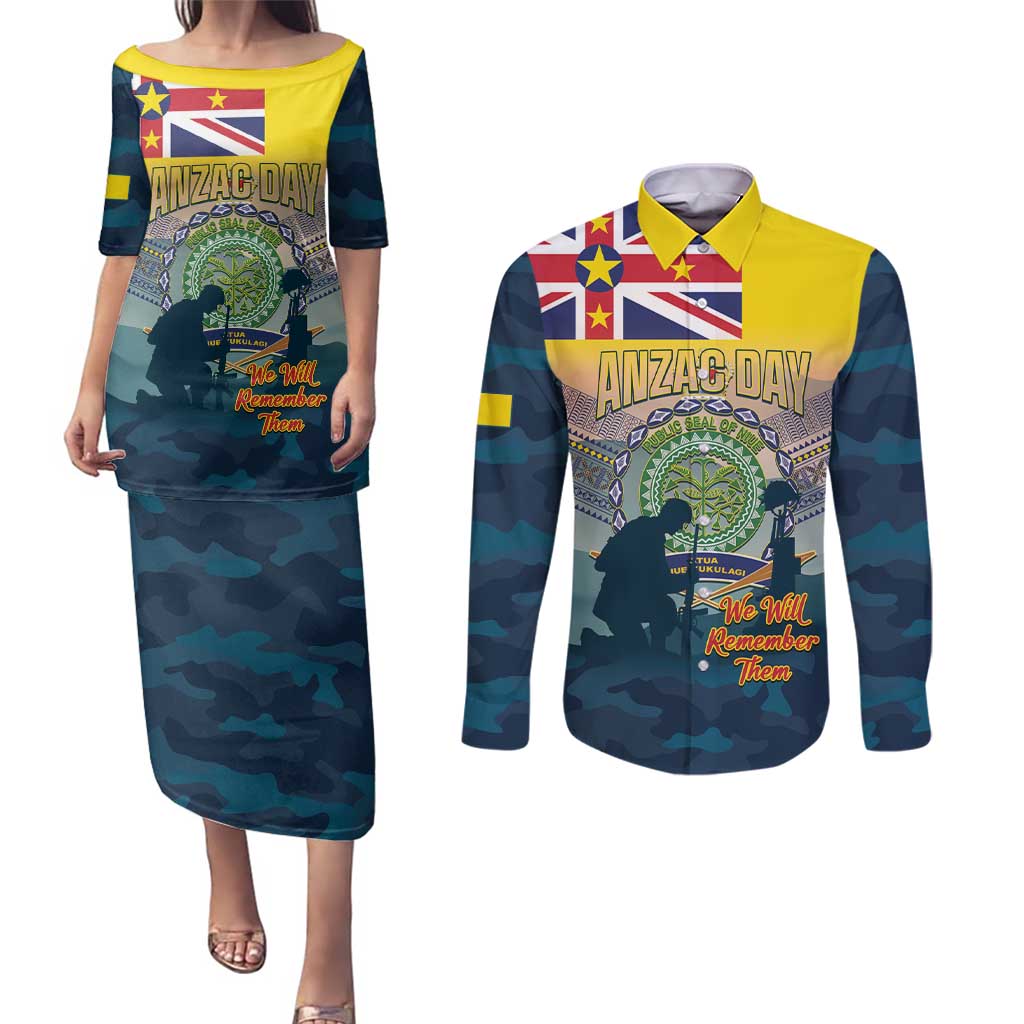Niue ANZAC Day Couples Matching Puletasi and Long Sleeve Button Shirt We Will Remember Them Camouflage Style LT14 Yellow - Polynesian Pride