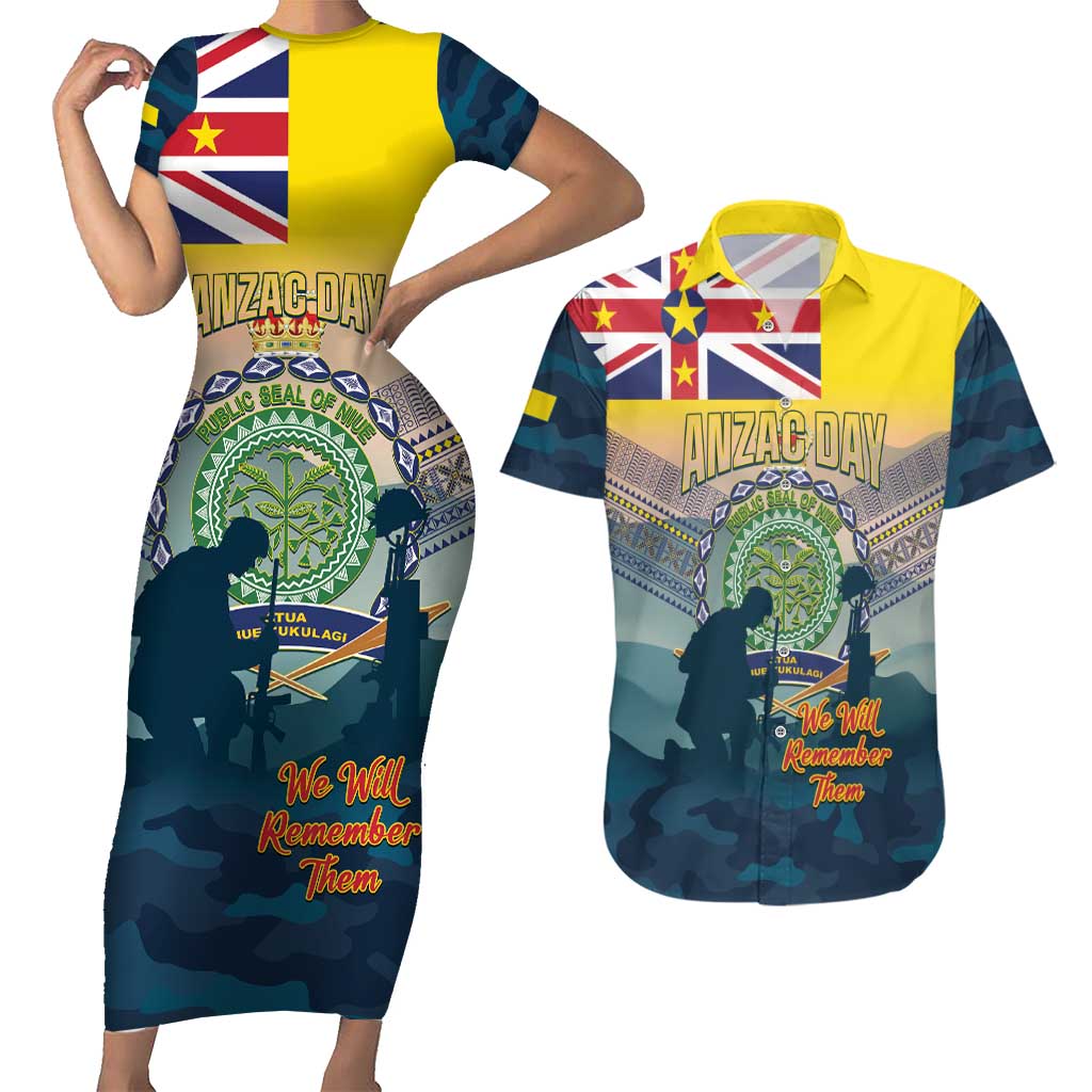 Niue ANZAC Day Couples Matching Short Sleeve Bodycon Dress and Hawaiian Shirt We Will Remember Them Camouflage Style