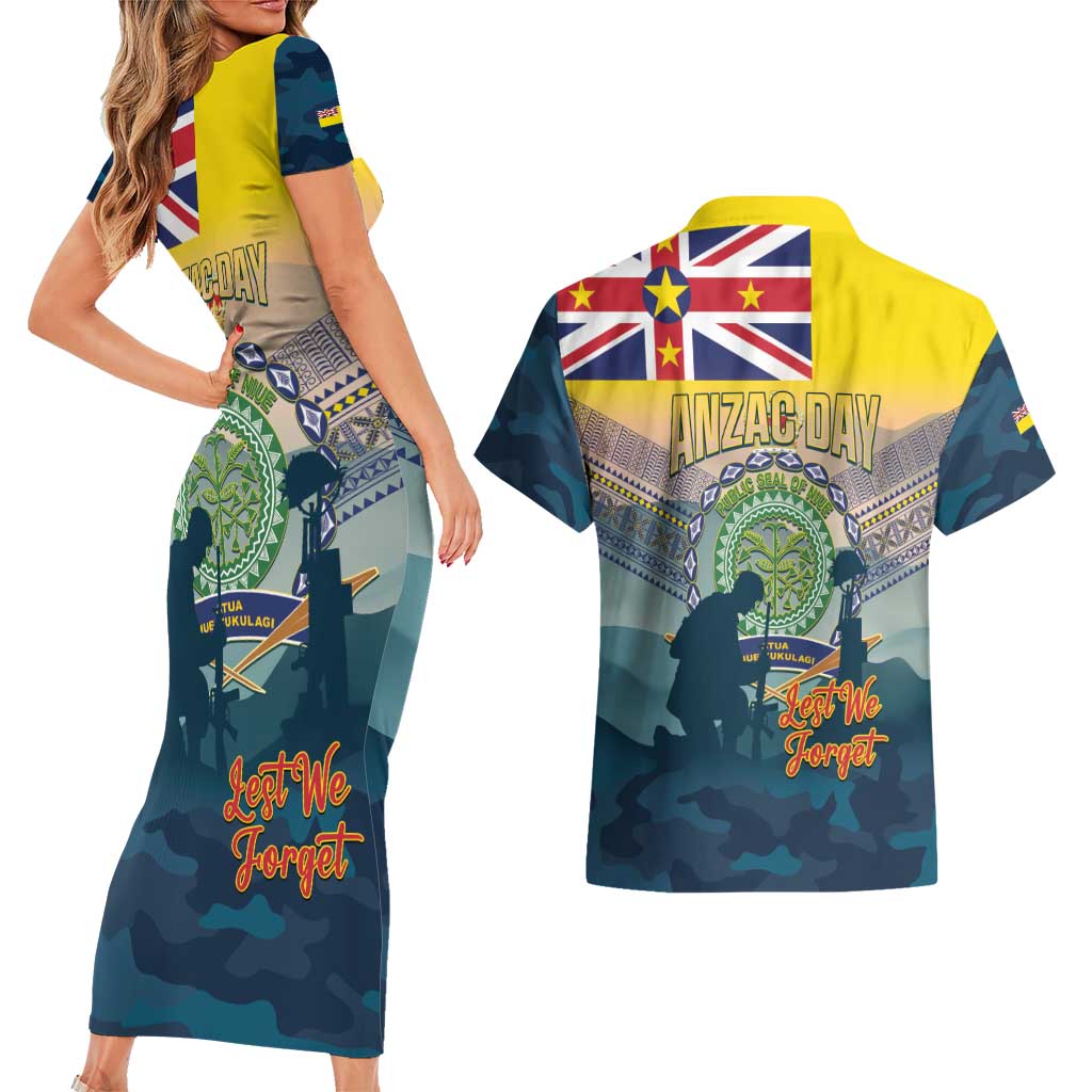 Niue ANZAC Day Couples Matching Short Sleeve Bodycon Dress and Hawaiian Shirt We Will Remember Them Camouflage Style