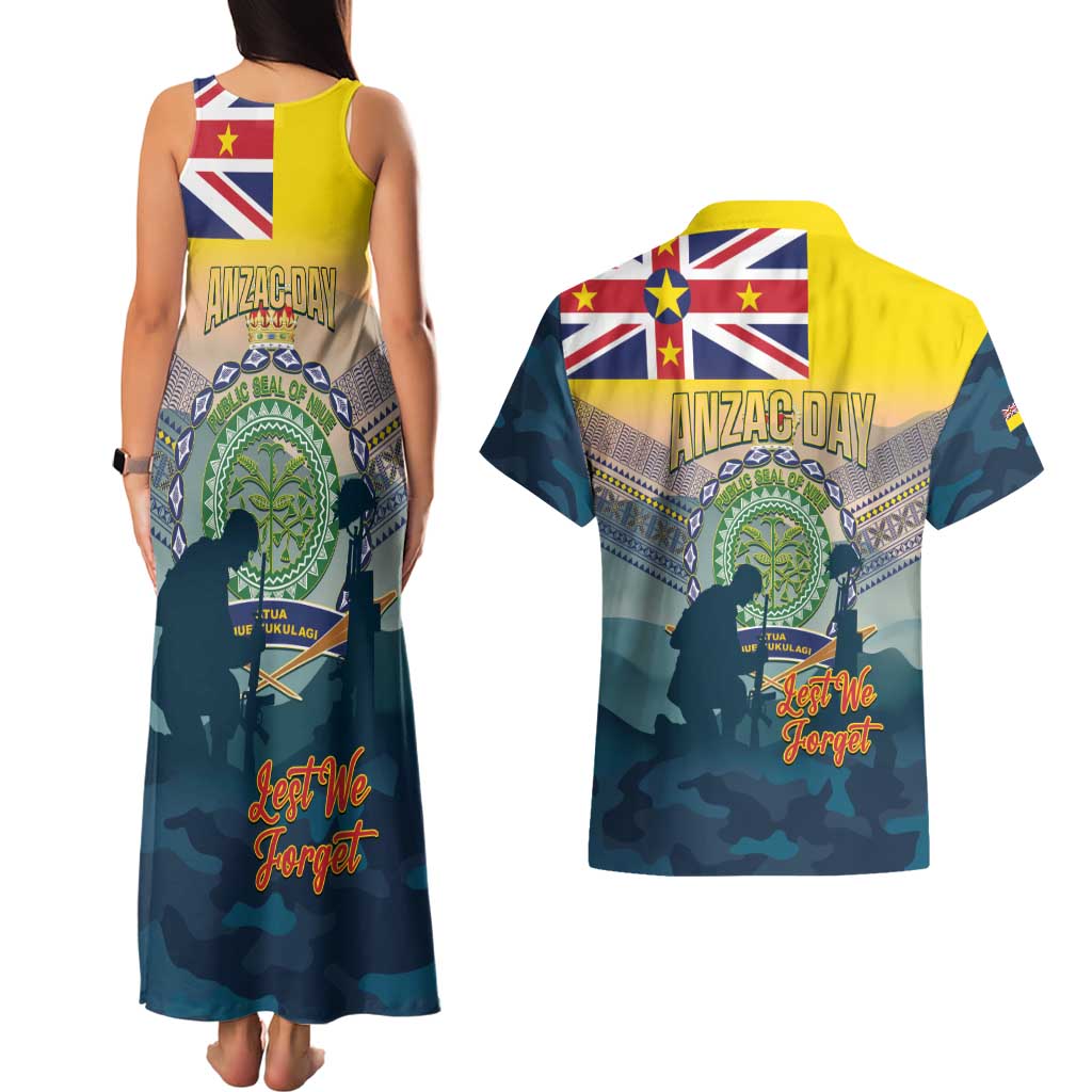 Niue ANZAC Day Couples Matching Tank Maxi Dress and Hawaiian Shirt We Will Remember Them Camouflage Style