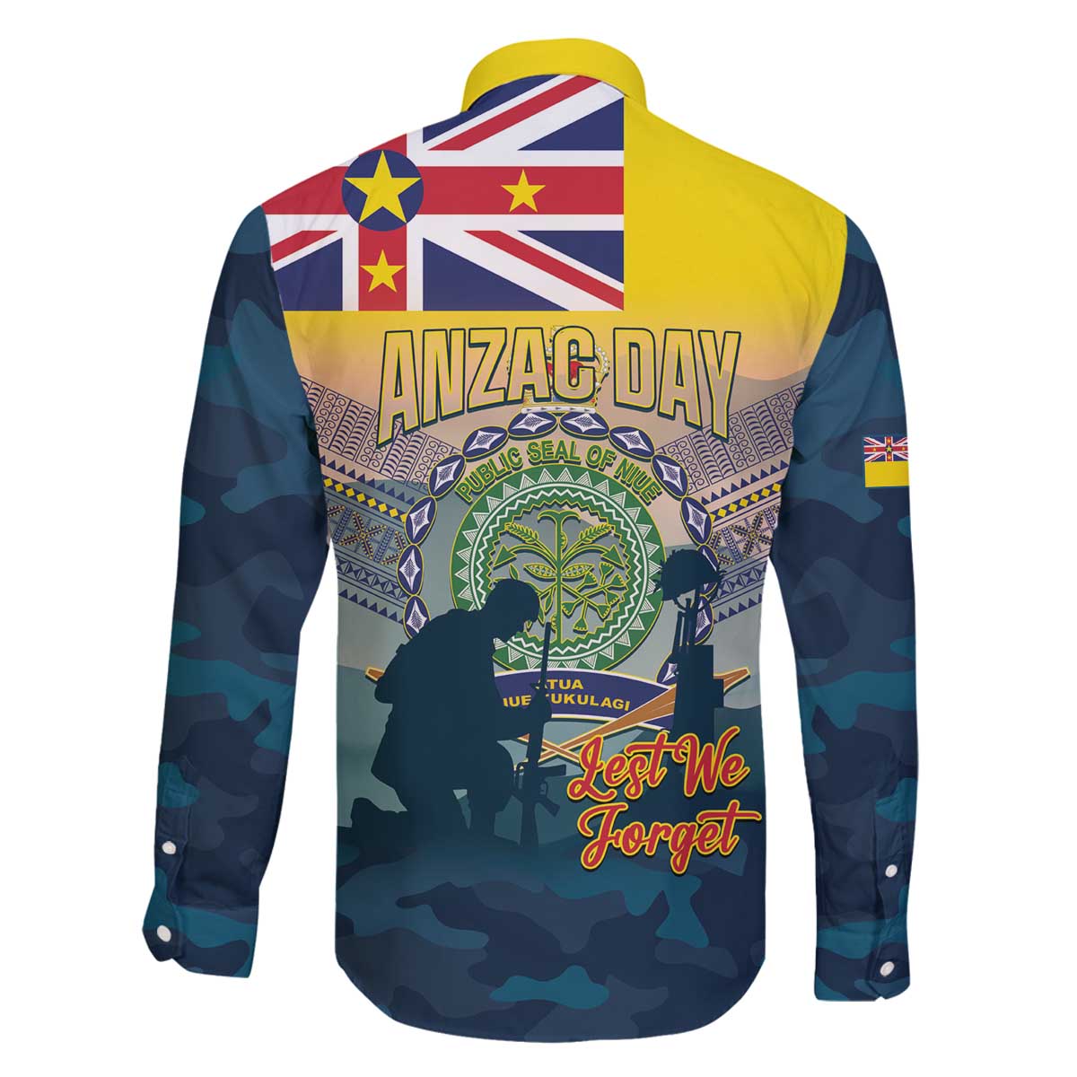 Niue ANZAC Day Family Matching Off The Shoulder Long Sleeve Dress and Hawaiian Shirt We Will Remember Them Camouflage Style