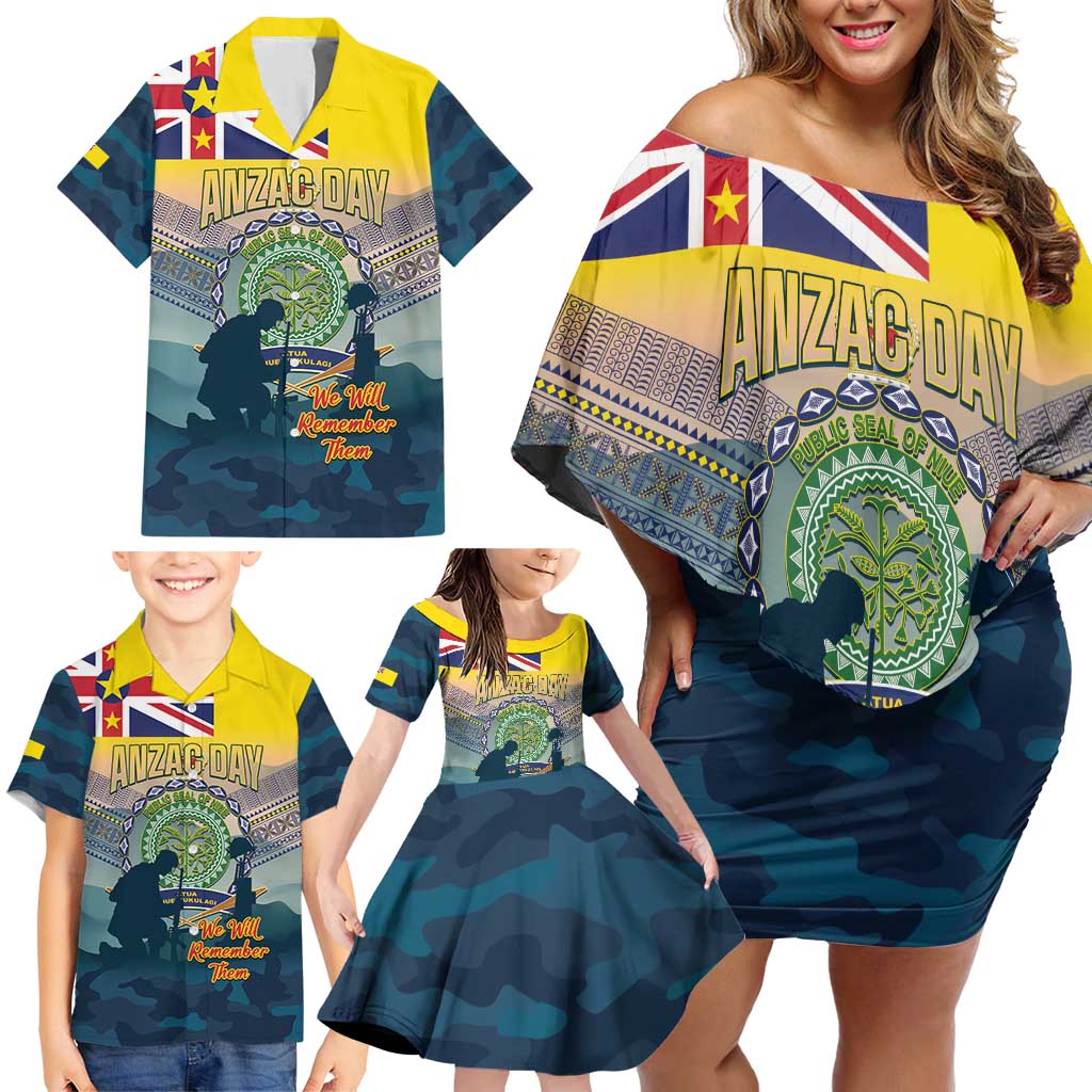 Niue ANZAC Day Family Matching Off Shoulder Short Dress and Hawaiian Shirt We Will Remember Them Camouflage Style