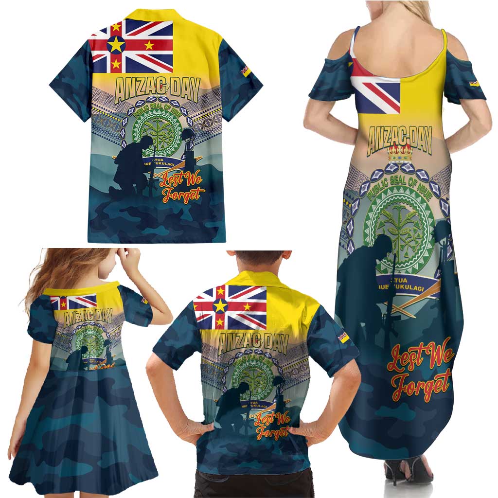 Niue ANZAC Day Family Matching Summer Maxi Dress and Hawaiian Shirt We Will Remember Them Camouflage Style