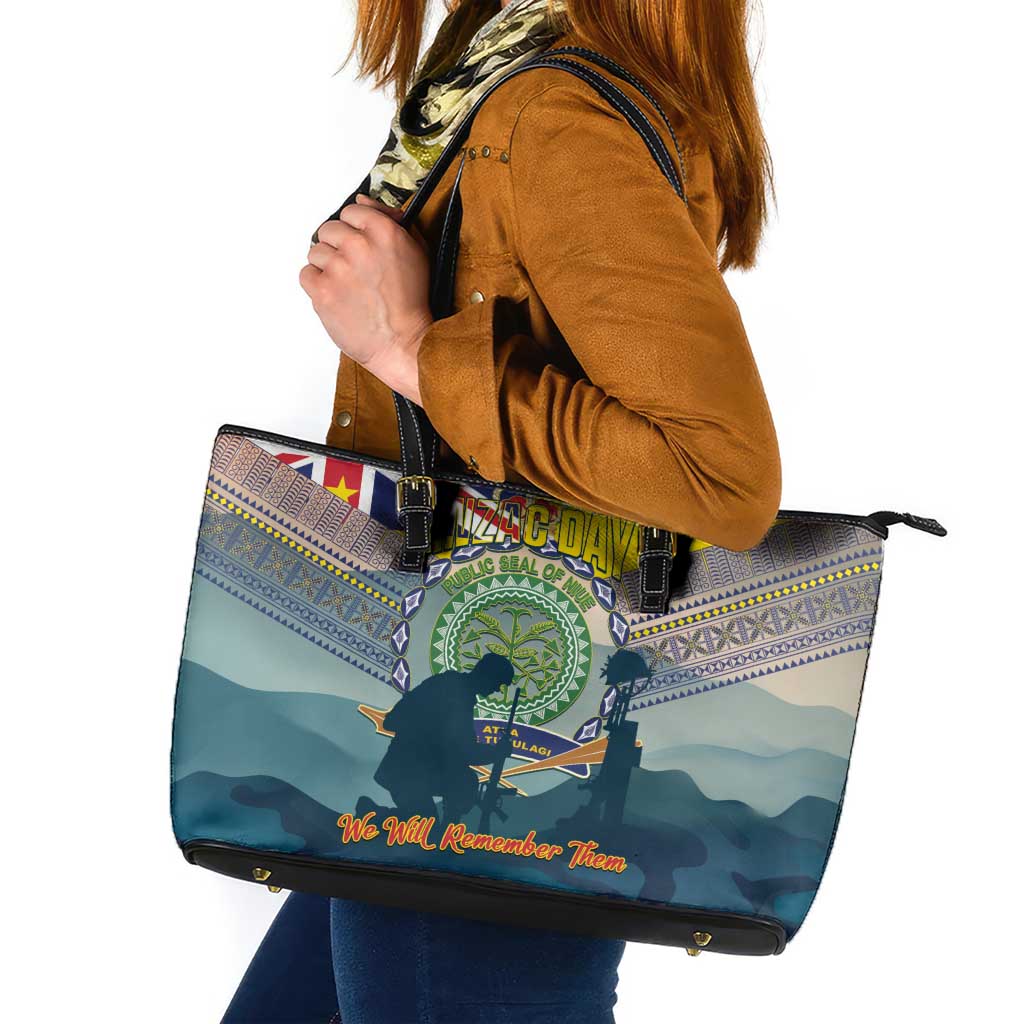 Niue ANZAC Day Leather Tote Bag We Will Remember Them Camouflage Style
