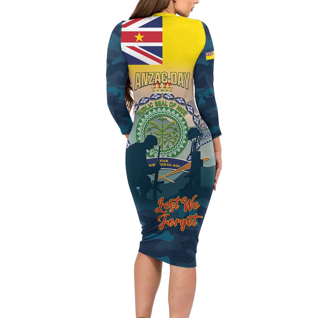 Niue ANZAC Day Long Sleeve Bodycon Dress We Will Remember Them Camouflage Style