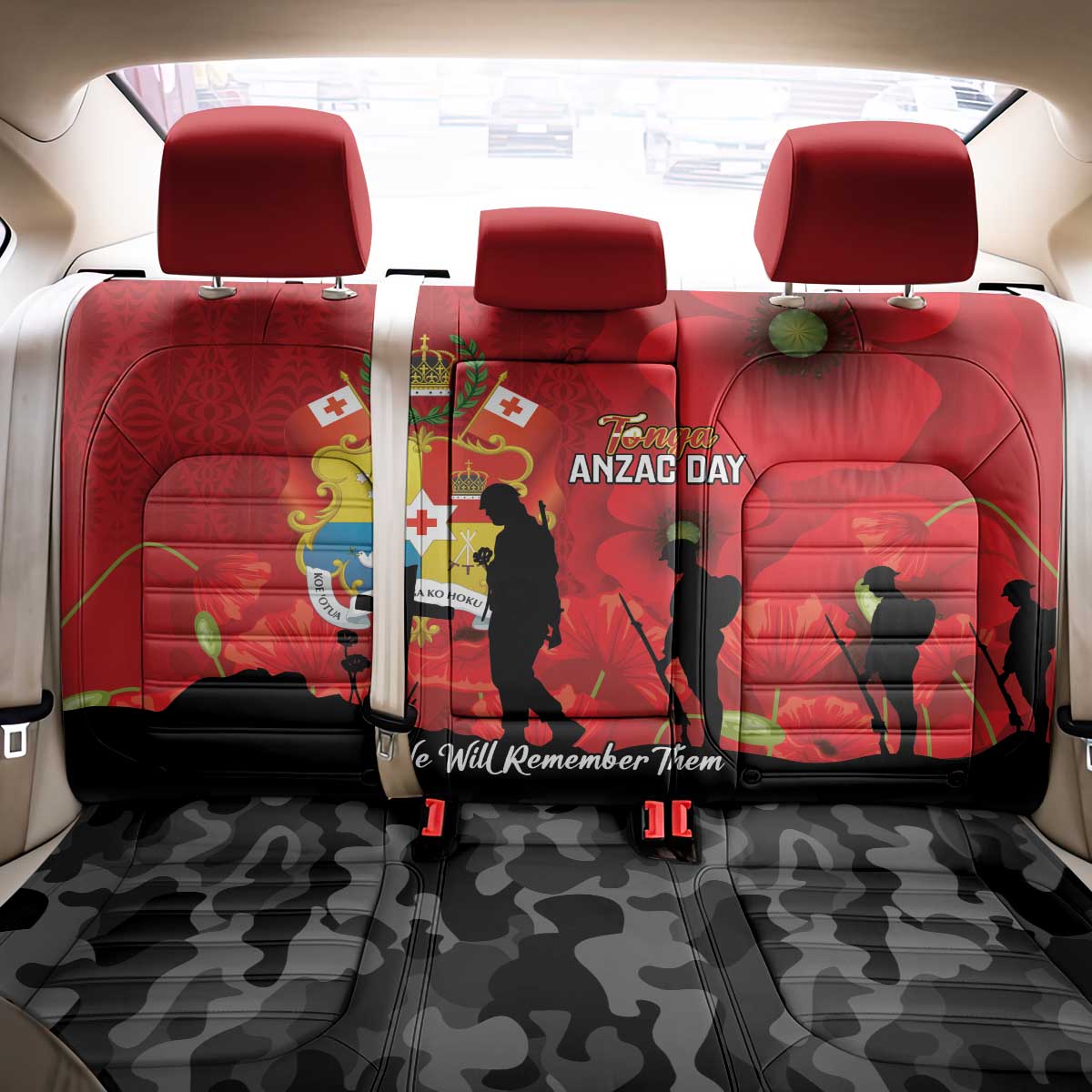 Tonga ANZAC Day Back Car Seat Cover Ngatu Pattern We Will Remember Them