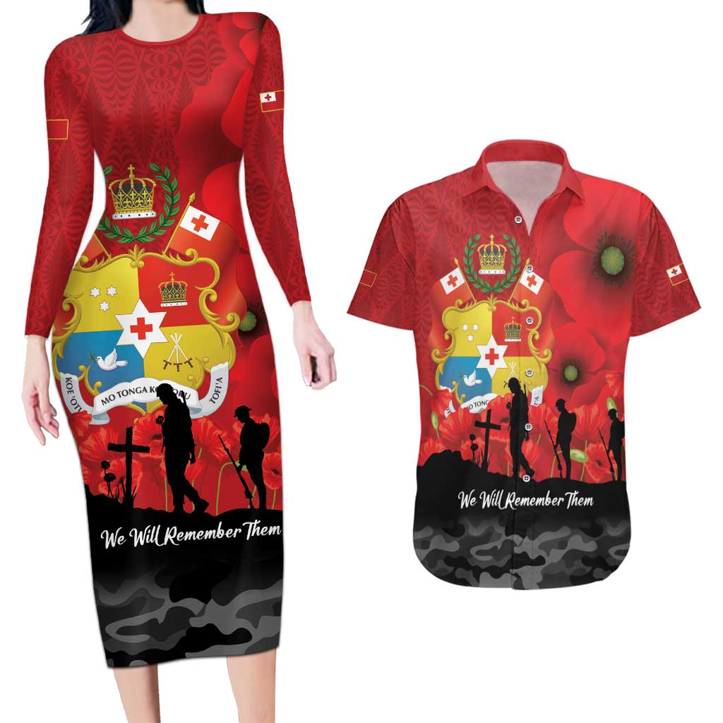 Tonga ANZAC Day Couples Matching Long Sleeve Bodycon Dress and Hawaiian Shirt Ngatu Pattern We Will Remember Them LT14 Red - Polynesian Pride