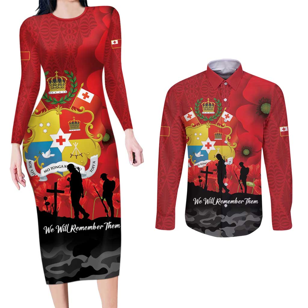 Tonga ANZAC Day Couples Matching Long Sleeve Bodycon Dress and Long Sleeve Button Shirt Ngatu Pattern We Will Remember Them LT14 Red - Polynesian Pride