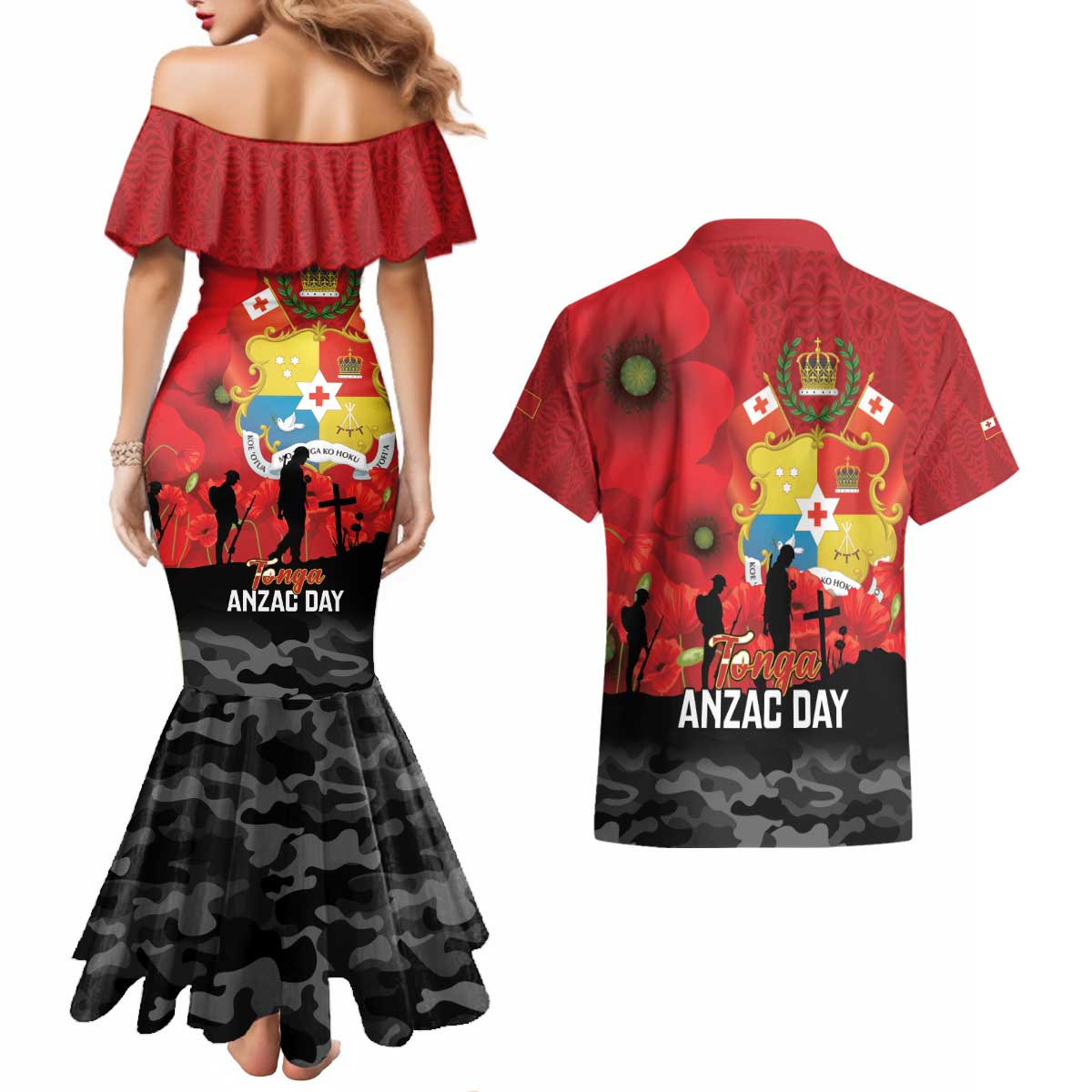Tonga ANZAC Day Couples Matching Mermaid Dress and Hawaiian Shirt Ngatu Pattern We Will Remember Them LT14 - Polynesian Pride