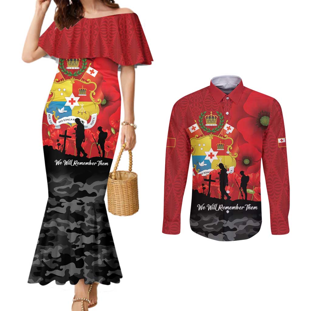 Tonga ANZAC Day Couples Matching Mermaid Dress and Long Sleeve Button Shirt Ngatu Pattern We Will Remember Them LT14 Red - Polynesian Pride