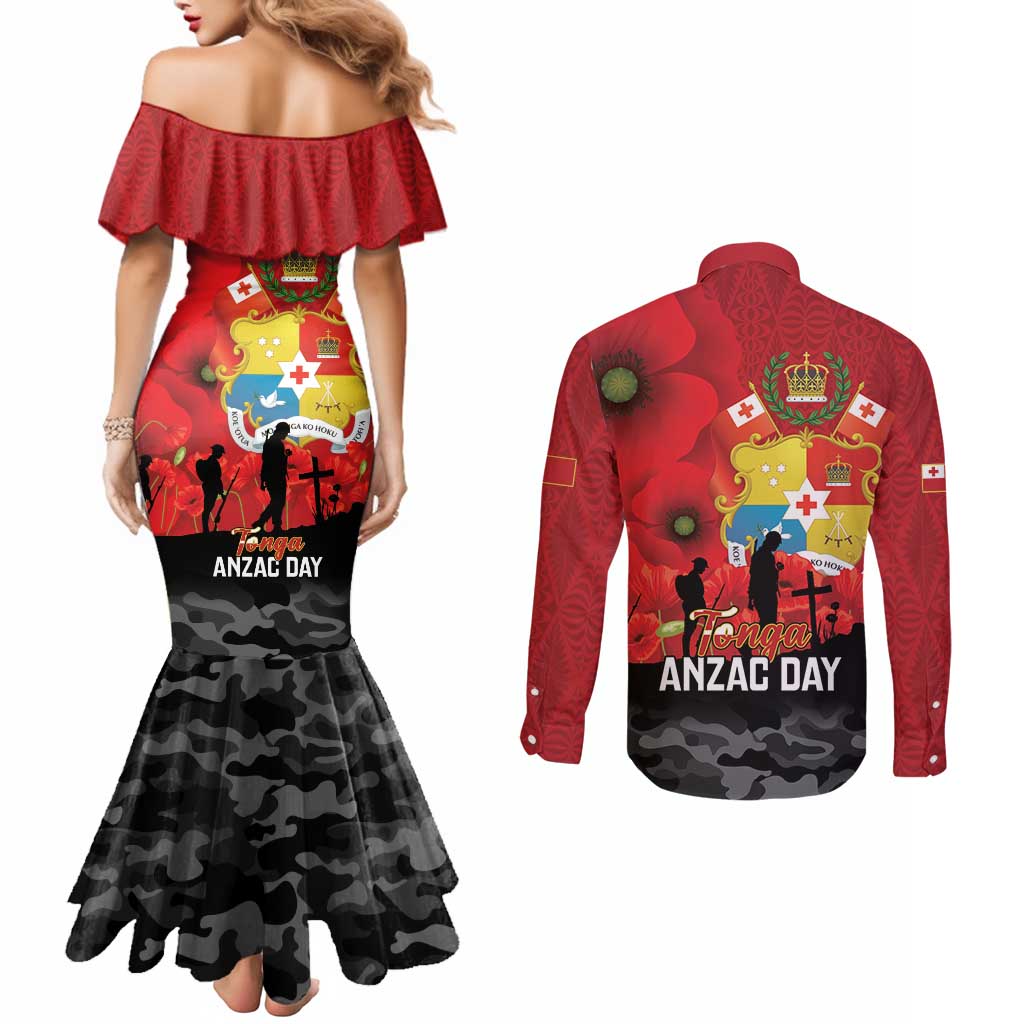 Tonga ANZAC Day Couples Matching Mermaid Dress and Long Sleeve Button Shirt Ngatu Pattern We Will Remember Them LT14 - Polynesian Pride