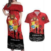 Tonga ANZAC Day Couples Matching Off Shoulder Maxi Dress and Hawaiian Shirt Ngatu Pattern We Will Remember Them LT14 Red - Polynesian Pride