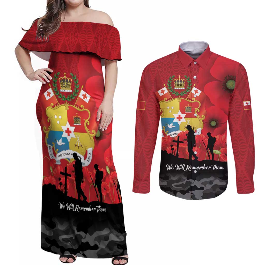 Tonga ANZAC Day Couples Matching Off Shoulder Maxi Dress and Long Sleeve Button Shirt Ngatu Pattern We Will Remember Them LT14 Red - Polynesian Pride