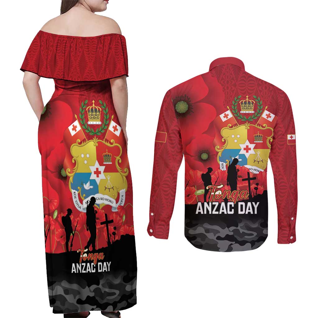 Tonga ANZAC Day Couples Matching Off Shoulder Maxi Dress and Long Sleeve Button Shirt Ngatu Pattern We Will Remember Them LT14 - Polynesian Pride