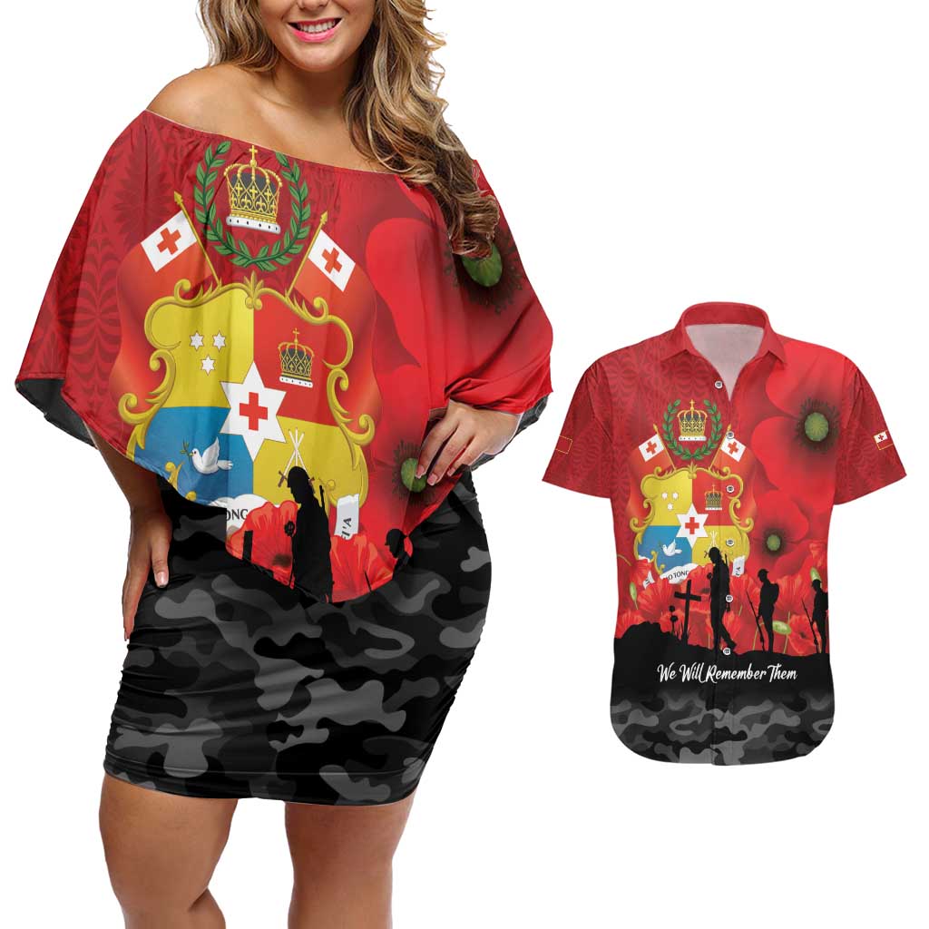 Tonga ANZAC Day Couples Matching Off Shoulder Short Dress and Hawaiian Shirt Ngatu Pattern We Will Remember Them LT14 Red - Polynesian Pride