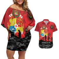 Tonga ANZAC Day Couples Matching Off Shoulder Short Dress and Hawaiian Shirt Ngatu Pattern We Will Remember Them LT14 Red - Polynesian Pride