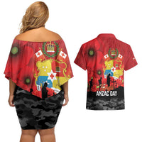 Tonga ANZAC Day Couples Matching Off Shoulder Short Dress and Hawaiian Shirt Ngatu Pattern We Will Remember Them LT14 - Polynesian Pride
