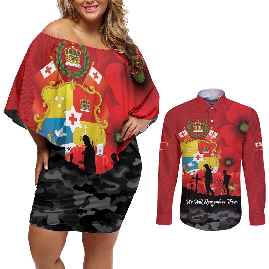 Tonga ANZAC Day Couples Matching Off Shoulder Short Dress and Long Sleeve Button Shirt Ngatu Pattern We Will Remember Them LT14 Red - Polynesian Pride