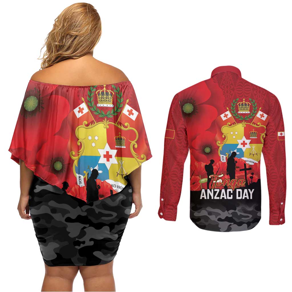 Tonga ANZAC Day Couples Matching Off Shoulder Short Dress and Long Sleeve Button Shirt Ngatu Pattern We Will Remember Them LT14 - Polynesian Pride