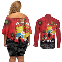 Tonga ANZAC Day Couples Matching Off Shoulder Short Dress and Long Sleeve Button Shirt Ngatu Pattern We Will Remember Them LT14 - Polynesian Pride