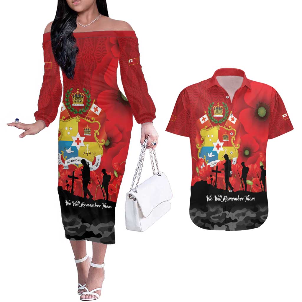Tonga ANZAC Day Couples Matching Off The Shoulder Long Sleeve Dress and Hawaiian Shirt Ngatu Pattern We Will Remember Them LT14 Red - Polynesian Pride