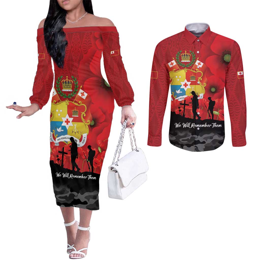 Tonga ANZAC Day Couples Matching Off The Shoulder Long Sleeve Dress and Long Sleeve Button Shirt Ngatu Pattern We Will Remember Them LT14 Red - Polynesian Pride