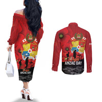 Tonga ANZAC Day Couples Matching Off The Shoulder Long Sleeve Dress and Long Sleeve Button Shirt Ngatu Pattern We Will Remember Them LT14 - Polynesian Pride