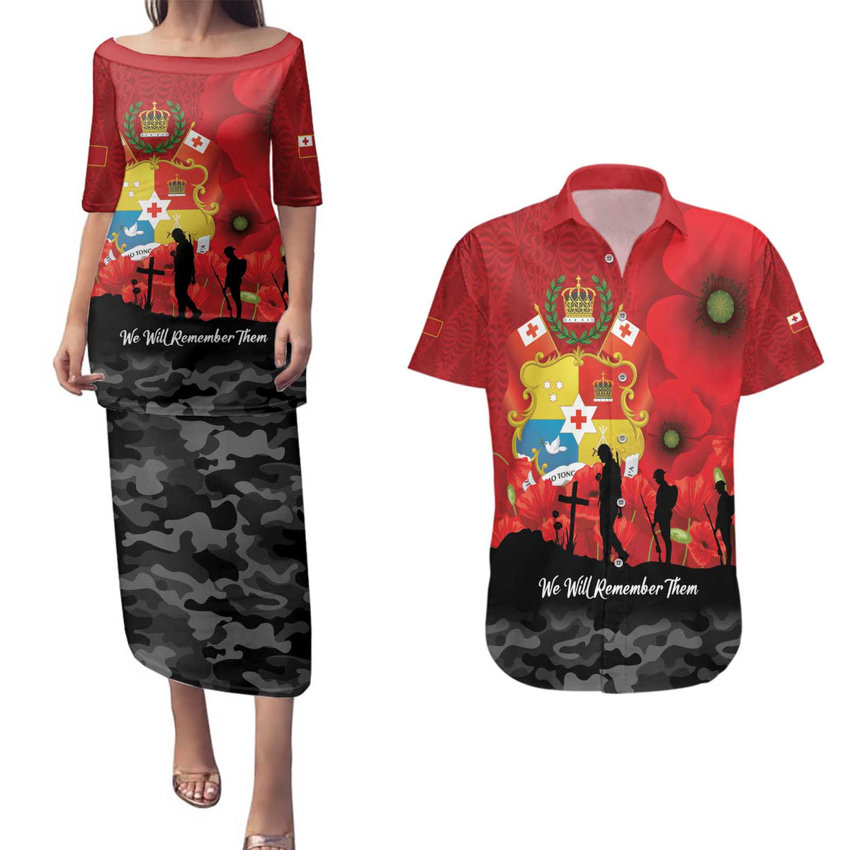 Tonga ANZAC Day Couples Matching Puletasi and Hawaiian Shirt Ngatu Pattern We Will Remember Them LT14 Red - Polynesian Pride
