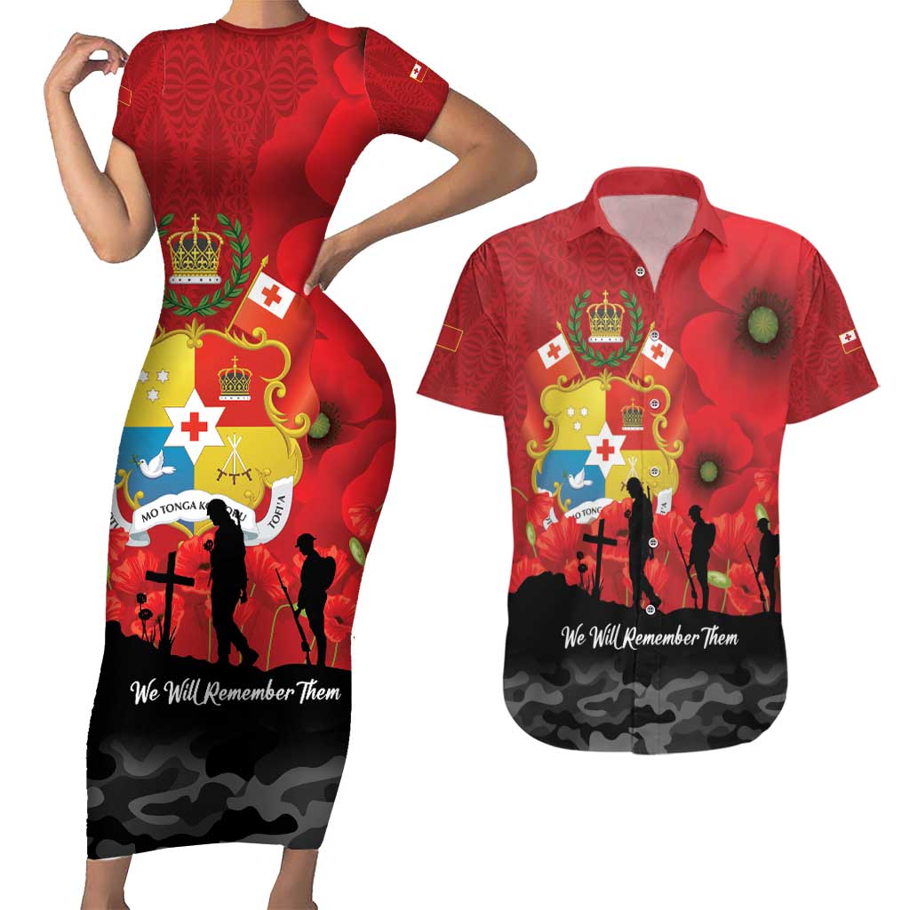 Tonga ANZAC Day Couples Matching Short Sleeve Bodycon Dress and Hawaiian Shirt Ngatu Pattern We Will Remember Them LT14 Red - Polynesian Pride