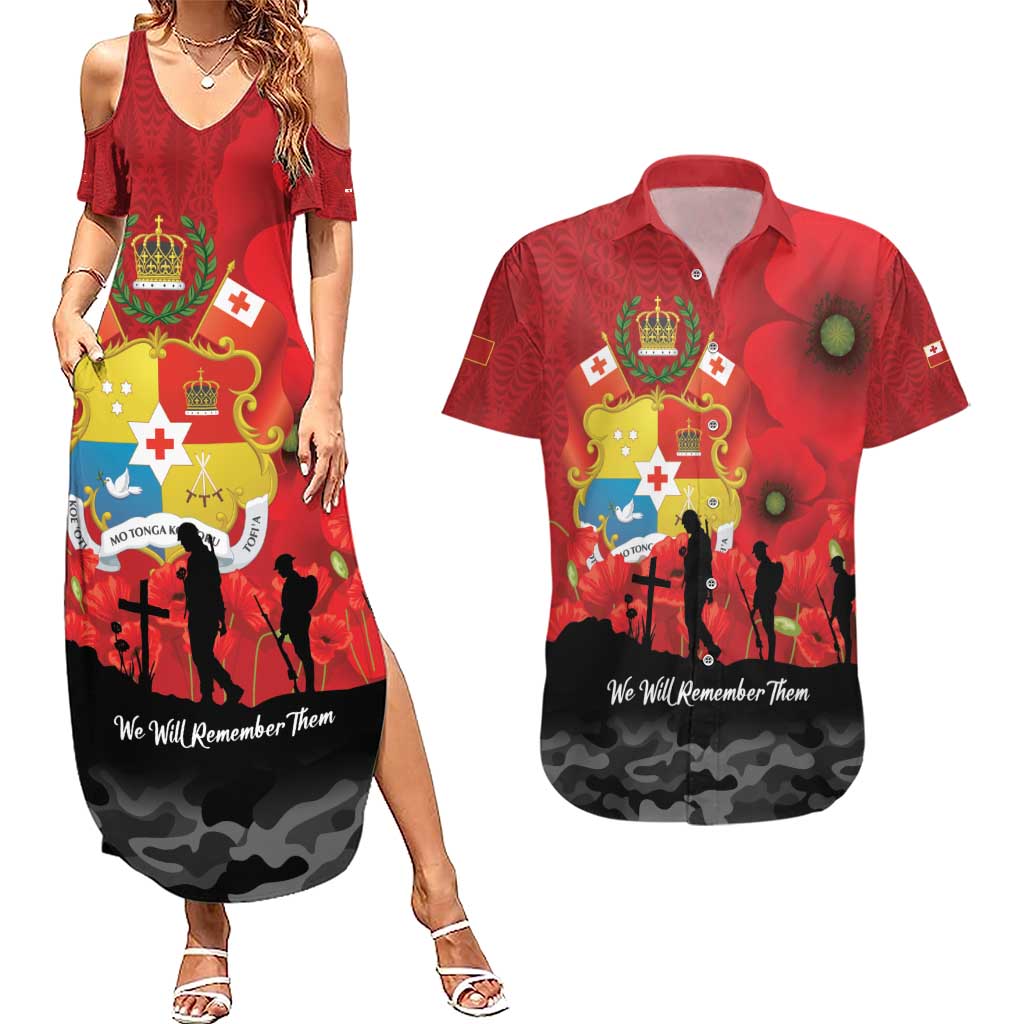 Tonga ANZAC Day Couples Matching Summer Maxi Dress and Hawaiian Shirt Ngatu Pattern We Will Remember Them LT14 Red - Polynesian Pride