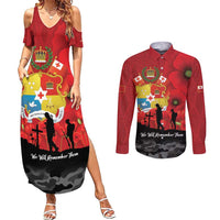 Tonga ANZAC Day Couples Matching Summer Maxi Dress and Long Sleeve Button Shirt Ngatu Pattern We Will Remember Them LT14 Red - Polynesian Pride