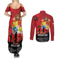 Tonga ANZAC Day Couples Matching Summer Maxi Dress and Long Sleeve Button Shirt Ngatu Pattern We Will Remember Them LT14 - Polynesian Pride