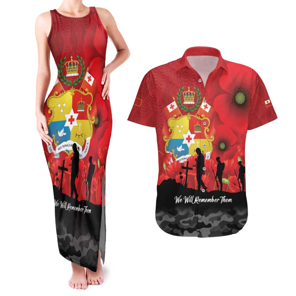 Tonga ANZAC Day Couples Matching Tank Maxi Dress and Hawaiian Shirt Ngatu Pattern We Will Remember Them LT14 Red - Polynesian Pride