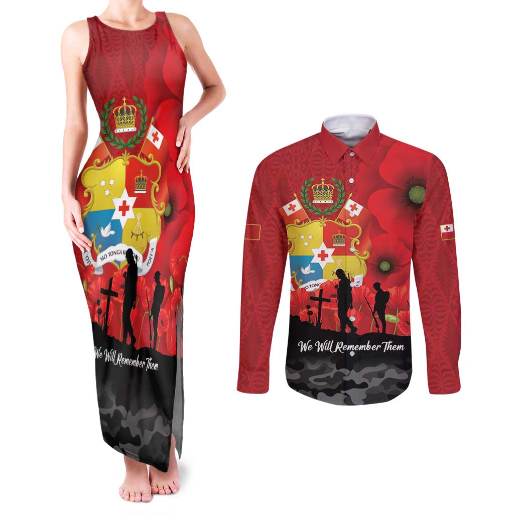 Tonga ANZAC Day Couples Matching Tank Maxi Dress and Long Sleeve Button Shirt Ngatu Pattern We Will Remember Them LT14 Red - Polynesian Pride