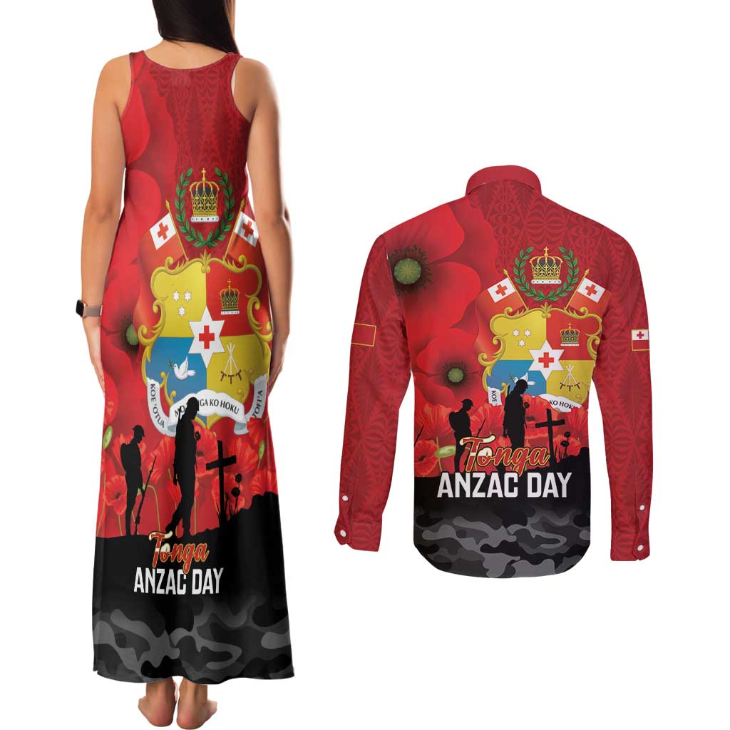 Tonga ANZAC Day Couples Matching Tank Maxi Dress and Long Sleeve Button Shirt Ngatu Pattern We Will Remember Them LT14 - Polynesian Pride