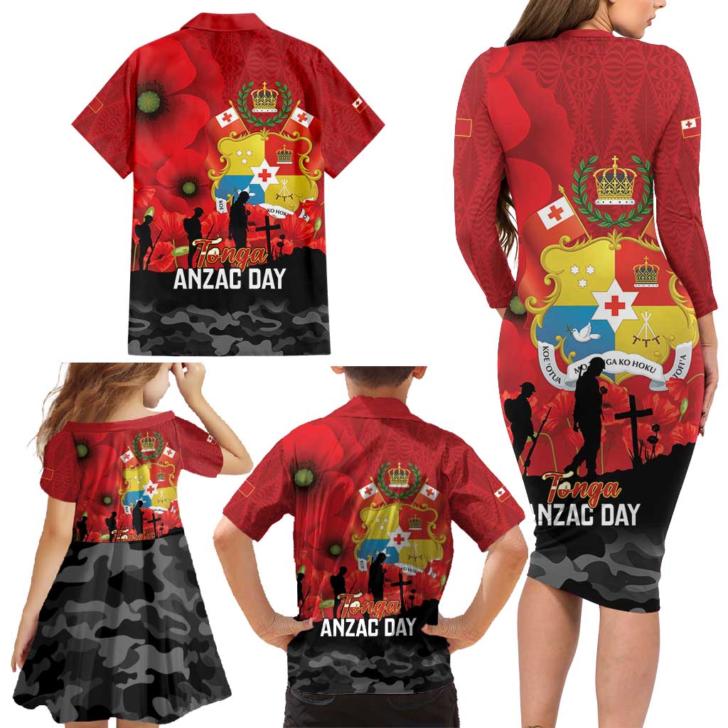 Tonga ANZAC Day Family Matching Long Sleeve Bodycon Dress and Hawaiian Shirt Ngatu Pattern We Will Remember Them