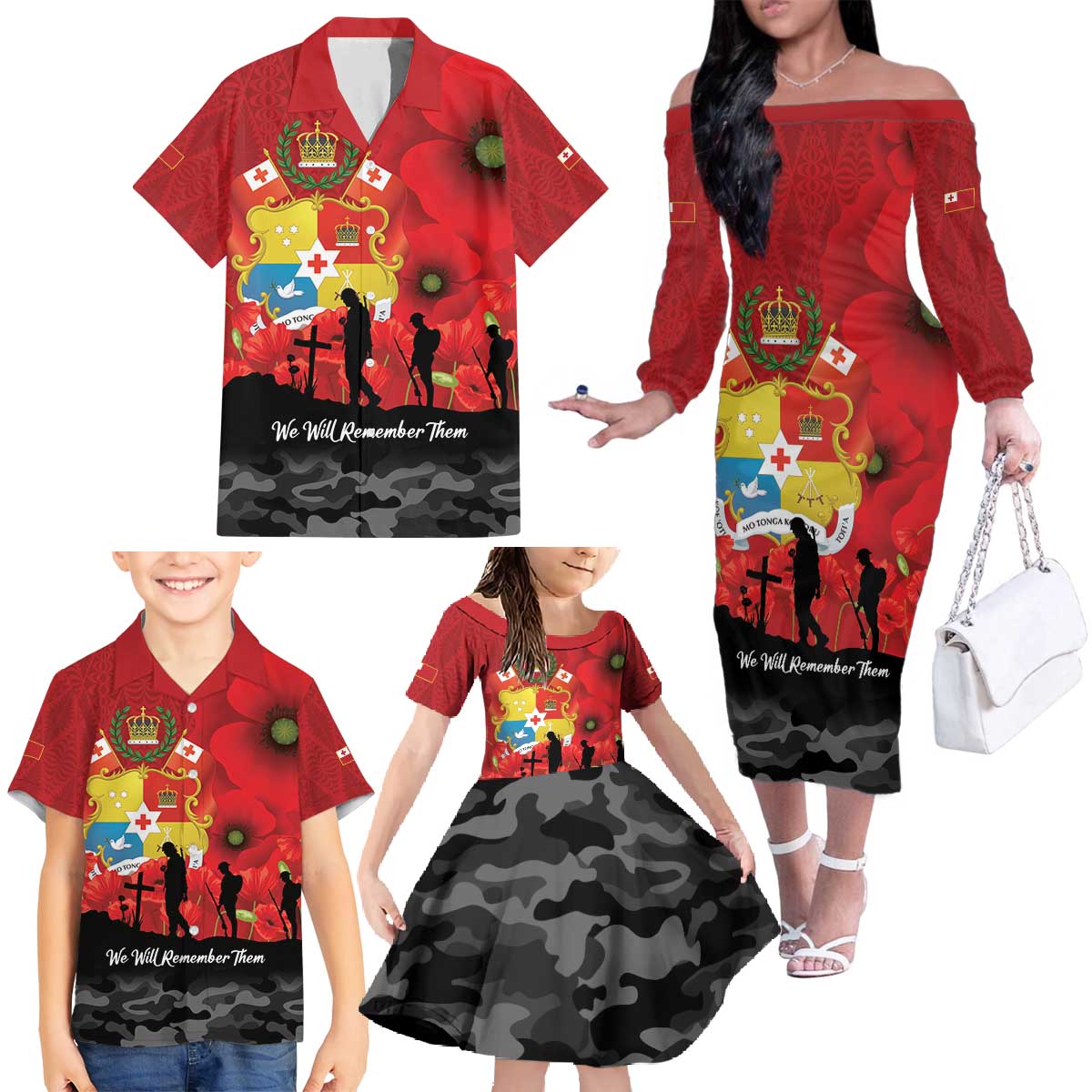 Tonga ANZAC Day Family Matching Off The Shoulder Long Sleeve Dress and Hawaiian Shirt Ngatu Pattern We Will Remember Them