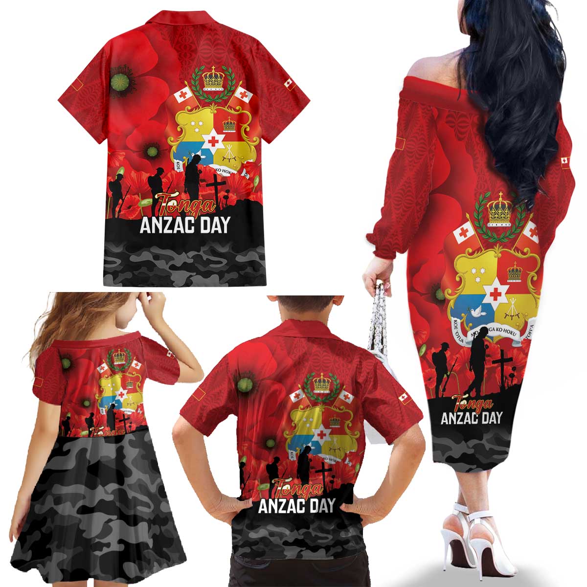 Tonga ANZAC Day Family Matching Off The Shoulder Long Sleeve Dress and Hawaiian Shirt Ngatu Pattern We Will Remember Them