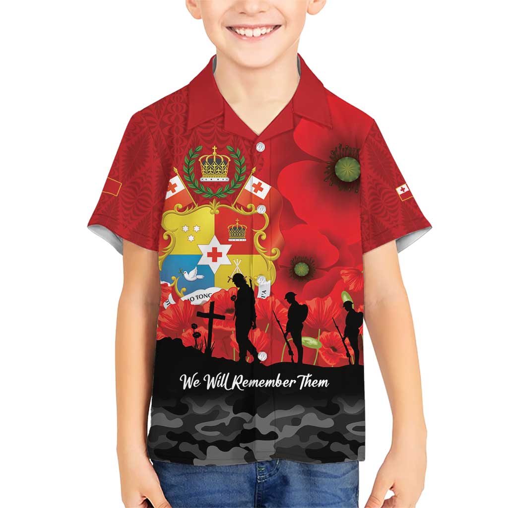 Tonga ANZAC Day Kid Hawaiian Shirt Ngatu Pattern We Will Remember Them LT14 Kid Red - Polynesian Pride