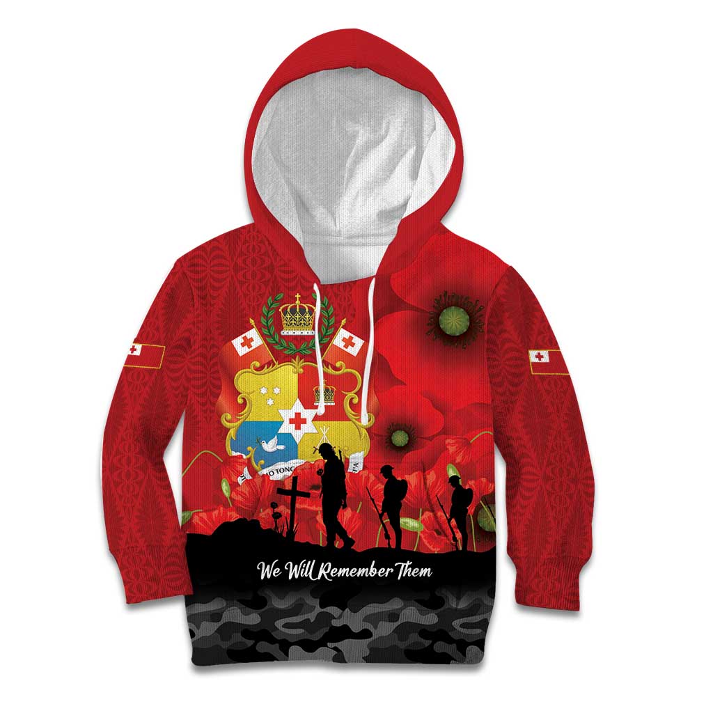 Tonga ANZAC Day Kid Hoodie Ngatu Pattern We Will Remember Them