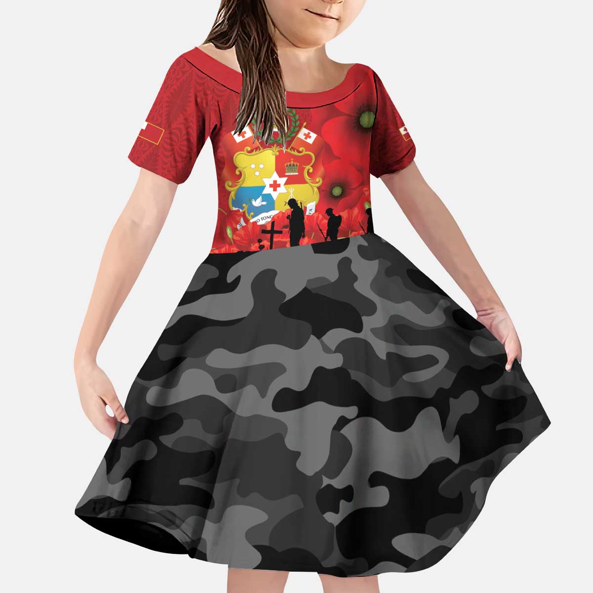 Tonga ANZAC Day Kid Short Sleeve Dress Ngatu Pattern We Will Remember Them LT14 KID Red - Polynesian Pride
