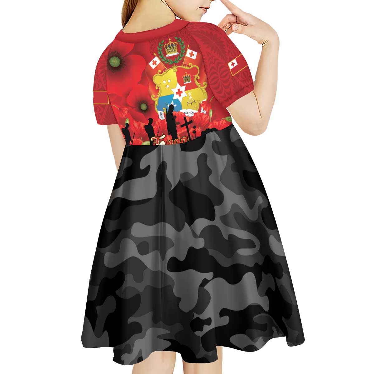 Tonga ANZAC Day Kid Short Sleeve Dress Ngatu Pattern We Will Remember Them LT14 - Polynesian Pride
