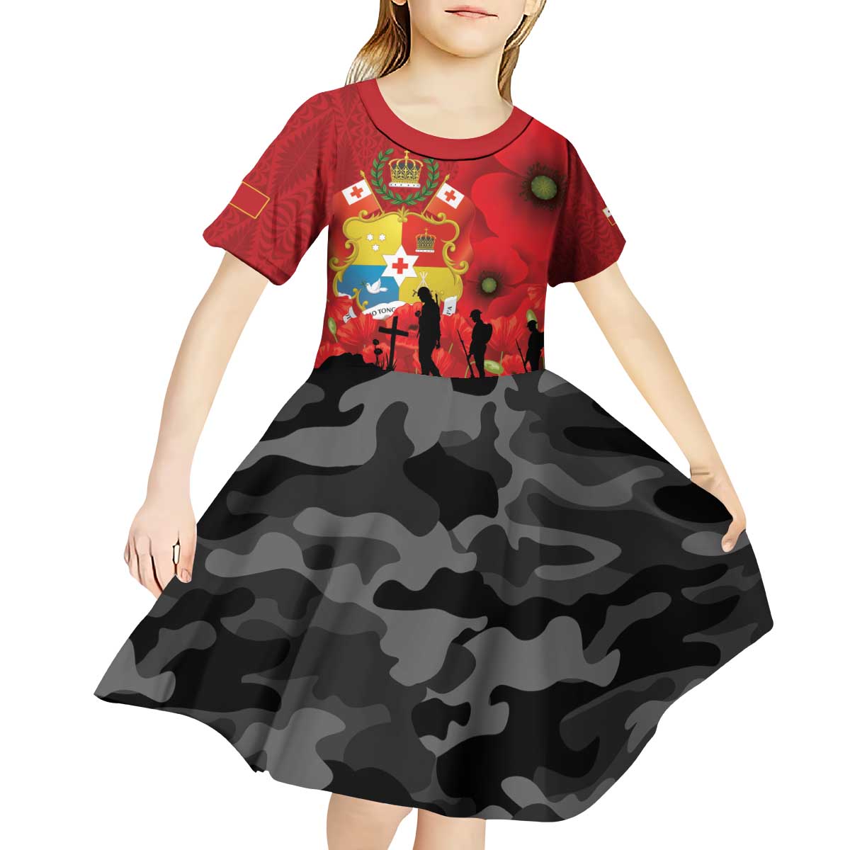 Tonga ANZAC Day Kid Short Sleeve Dress Ngatu Pattern We Will Remember Them LT14 - Polynesian Pride