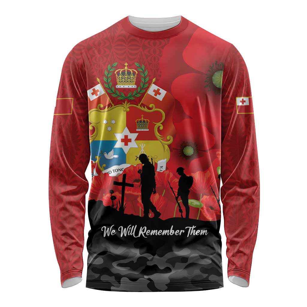 Tonga ANZAC Day Long Sleeve Shirt Ngatu Pattern We Will Remember Them LT14 Unisex Red - Polynesian Pride
