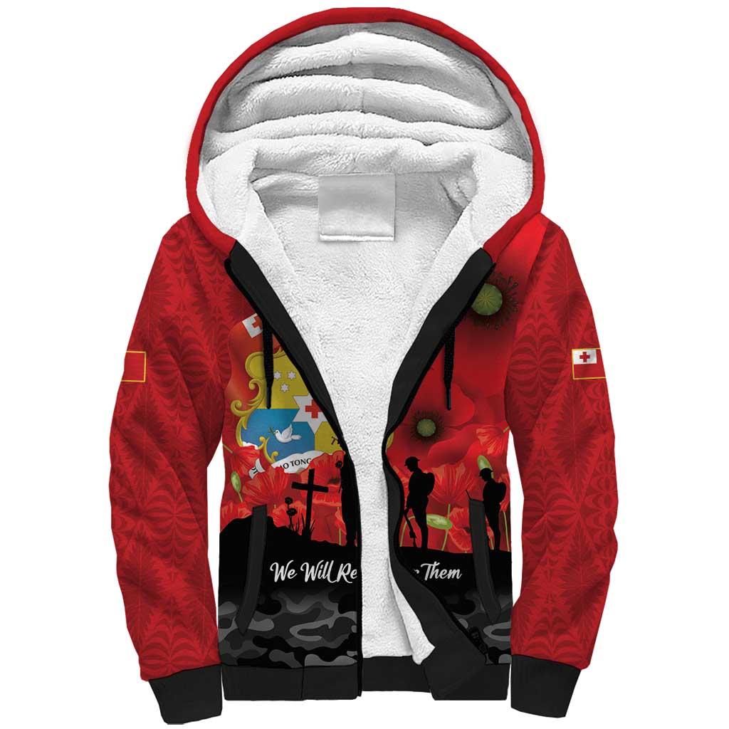Tonga ANZAC Day Sherpa Hoodie Ngatu Pattern We Will Remember Them LT14 Unisex Red - Polynesian Pride