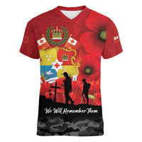 Tonga ANZAC Day Women V-Neck T-Shirt Ngatu Pattern We Will Remember Them