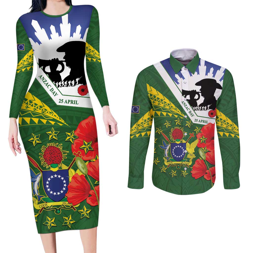 Cook Islands ANZAC Day Couples Matching Long Sleeve Bodycon Dress and Long Sleeve Button Shirt Last Post Lest We Forget LT14 Green - Polynesian Pride